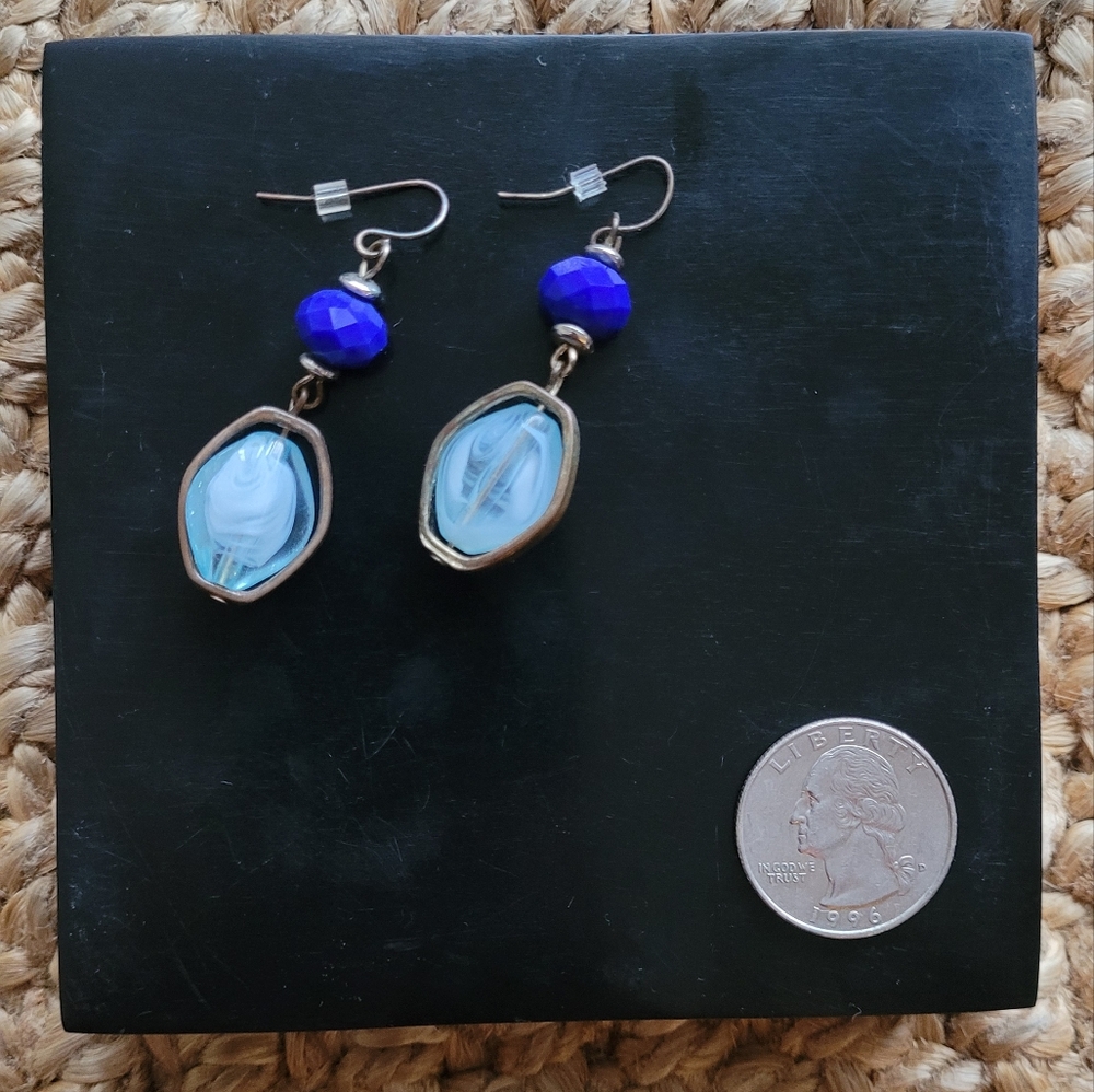 Blue and milky white glass bead drop earrings